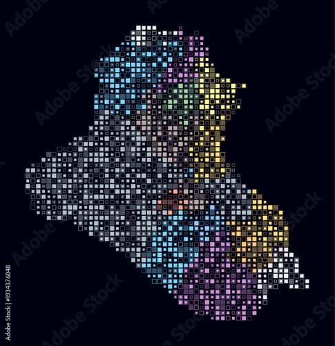 Iraq, shape of the country build of colored cells. Digital style map of the Iraq on dark background. Small size square blocks. Plain vector illustration.