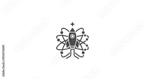 Rocketship orbiting atom structure, science and space exploration concept icon