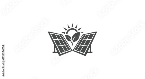 Solar panels and sun with leaves icon, symbolizing renewable energy and eco-friendly power.
