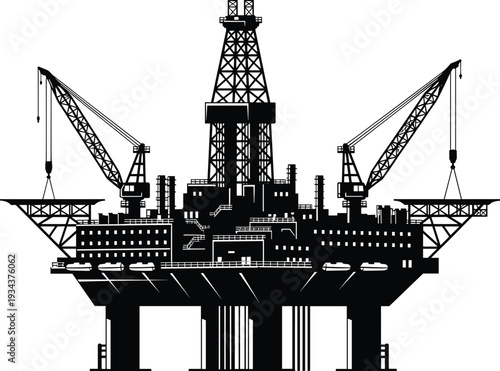 Offshore oil drilling platform with cranes silhouette, petroleum extraction rig at sea, energy production industry infrastructure, offshore engineering construction vector illustration isolated