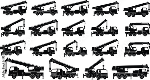 Mobile crane truck silhouettes set with hydraulic boom and lifting hook, construction heavy machinery vehicles collection, black and white vector illustration