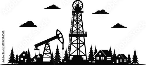 Oil pumpjack and drilling rig silhouette near residential houses, petroleum extraction industry landscape, energy production infrastructure, fossil fuel mining concept vector illustration isolated