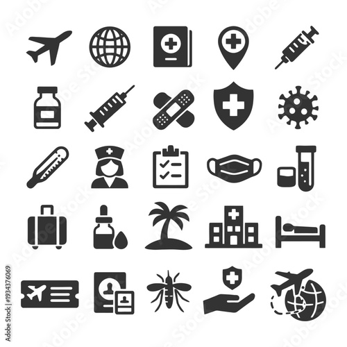 Medical icons set including vaccine, mask, hospital, travel, and health symbols.