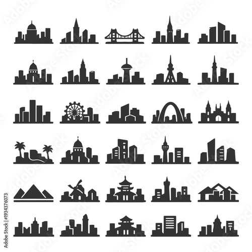 Global city skylines: iconic architecture silhouettes.
