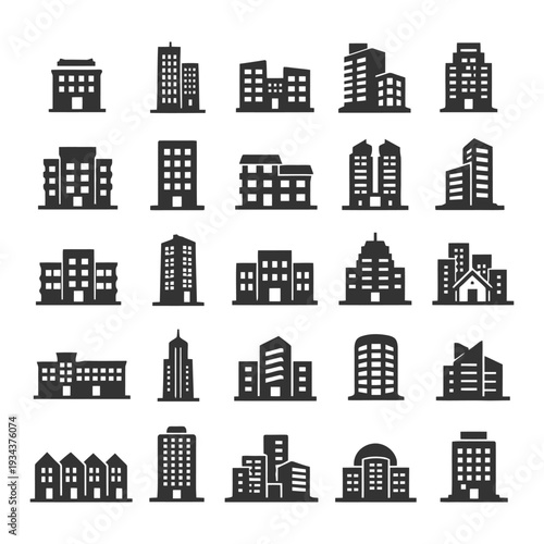 Set of diverse building icons representing various architectural styles and structures.
