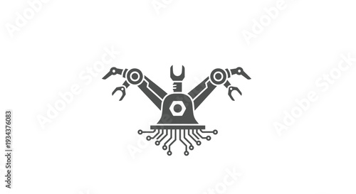 Robotic arm with wrench and circuit board, representing automation and technology.