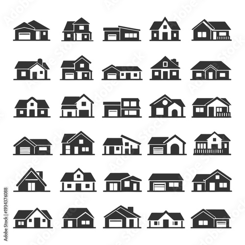 Collection of 25 diverse house icons in various architectural styles.