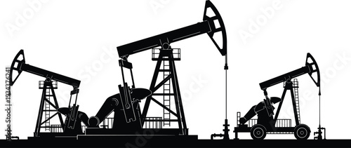Oil pumpjack silhouettes in industrial field, petroleum extraction machinery and energy production equipment, black and white vector illustration isolated on background