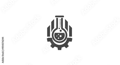 Chemical laboratory flask with bubbles inside gear and industrial elements