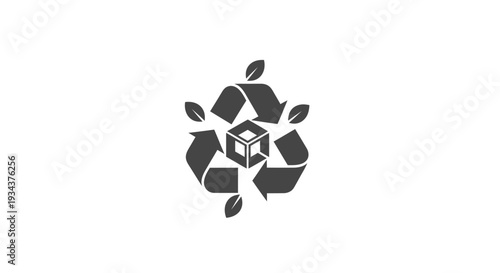 Recycling symbol with leaves and cube inside, representing eco-friendly packaging and sustainability.