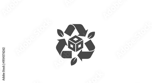 Recycling symbol with cube and leaves icon, sustainable packaging concept