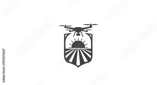 Drone surveying agricultural field at sunrise with sun rays