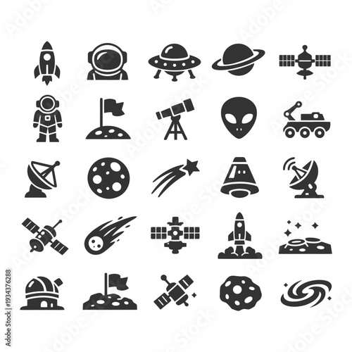 Space exploration icons: rockets, astronauts, aliens, satellites, telescopes.