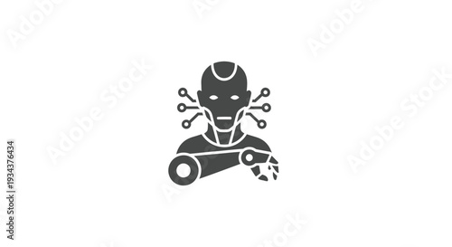 Futuristic robot icon with circuits and mechanical arm, AI concept