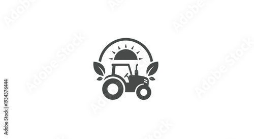 Tractor icon with sun and leaves, agricultural symbol, farming logo