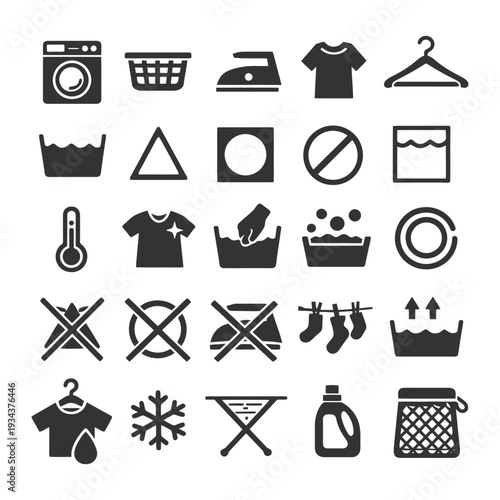 Essential laundry care symbols: washing, drying, ironing, bleaching, temperatures.