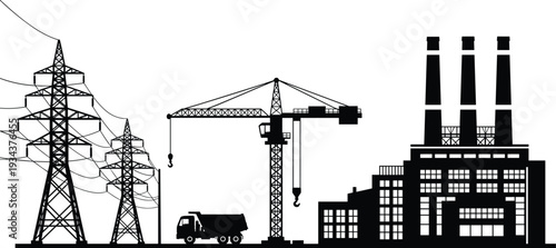 Power transmission towers, construction crane and industrial factory silhouette, electricity distribution infrastructure, energy production plant, heavy industry landscape vector illustration isolated