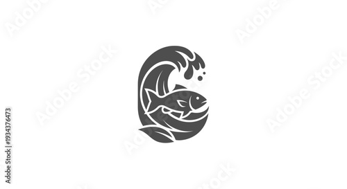 Fish swimming in a stylized wave and leaf emblem, dark grey silhouette on white background