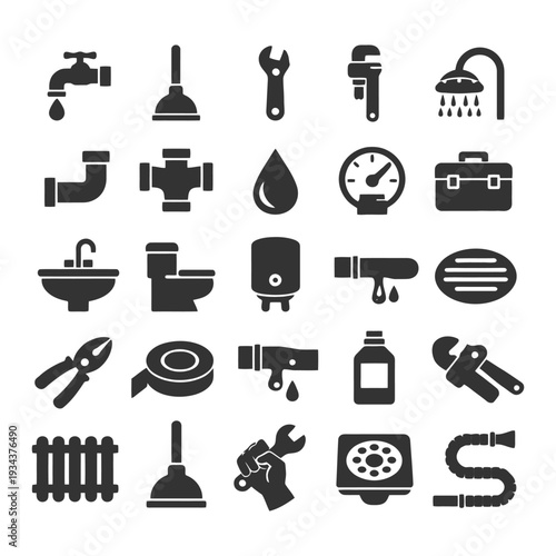 Plumbing icons set: tools, fixtures, and equipment.