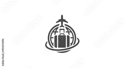 Global Travel Icon: Suitcase, Airplane, and Globe for Vacation and Tourism