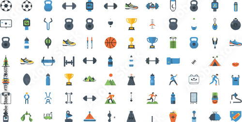 Sports and Outdoor Activity Icon Set with Fitness Equipment Camping Gear Running Shoes Trophies and Adventure Elements Flat Vector Collection.