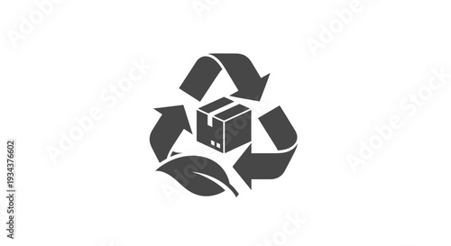Recycle symbol with cardboard box and leaf icon, environmental packaging concept