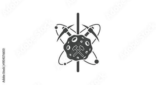 Mining Icon: Asteroid, Pickaxes, and Atom Symbol