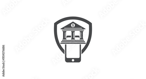 Secure Mobile Banking Icon: Bank Building and Shield on Smartphone Screen