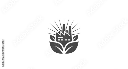 Eco-friendly Industry Icon with Leaves and Sun Rays