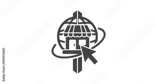 Global online shopping icon with cursor and store front