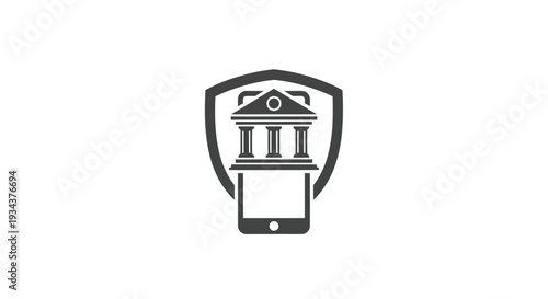 Secure Mobile Banking Icon: Bank Building on Shield and Smartphone