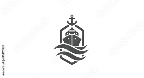 Nautical Emblem with Ship, Anchor and Waves - Minimalist Logo Design