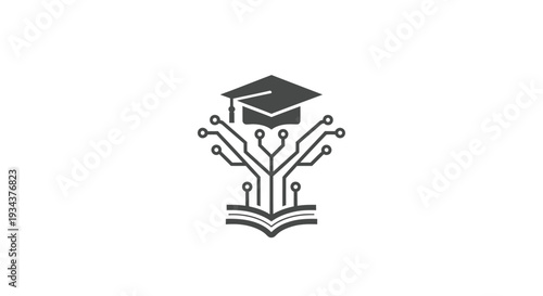 Digital Education Tree: Graduation Cap, Open Book, Circuit Board. Concept of Online Learning