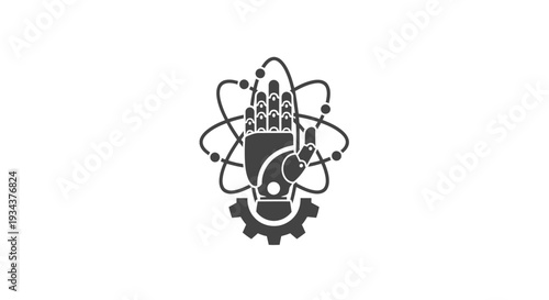 Robotic Hand with Atom Symbol and Gear