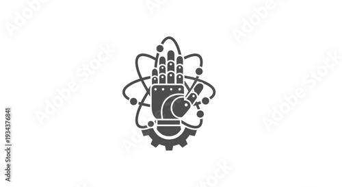 Robotic Hand Symbol with Gear and Atomic Orbitals - Technology Concept