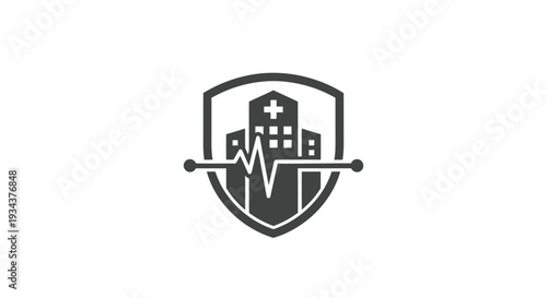 Hospital building icon with heartbeat line and shield emblem, medical care concept