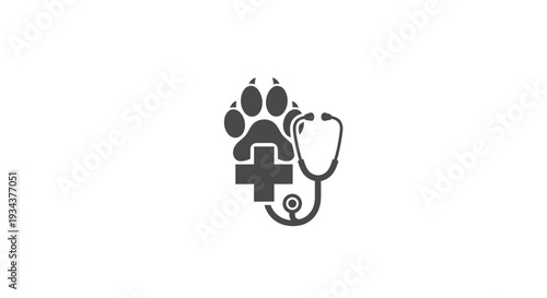 Veterinary Icon: Paw Print, Stethoscope, and Cross on White Background