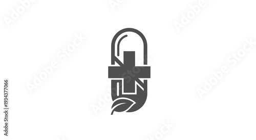 Medical capsule icon with plus sign and leaf, healthcare and wellness symbol