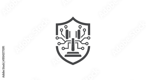 Digital Security Shield Icon with Circuit Board and Scales of Justice