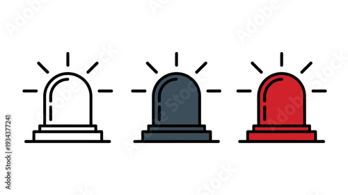 Three colored emergency light icons in white gray and red on white background