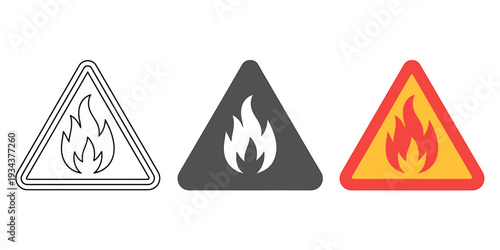 Warning signs of fire or flammable materials triangle icons