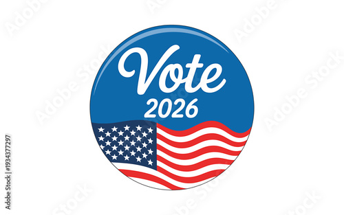 American vote 2026 button with USA flag design and text