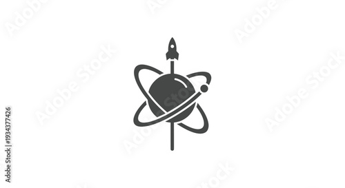 Rocket Launching from Planet with Orbit Rings, Space Exploration Icon