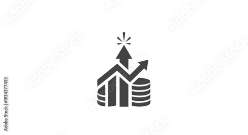 Financial growth icon: upward arrow, stacked coins, and rising graph on white background.