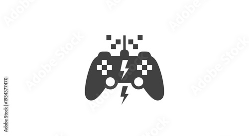 Video Game Controller Icon with Lightning Bolt and Pixels