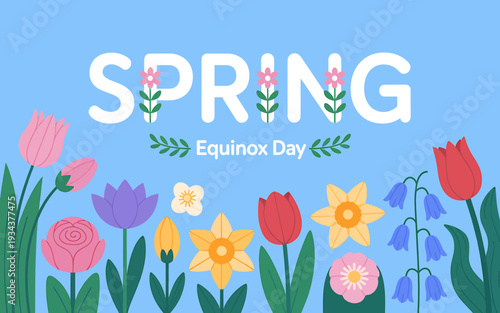 Spring equinox day colorful flowers and leaves on blue background