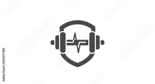 Fitness shield icon with dumbbell and heart rate line