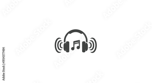 Headphones with musical notes and sound waves icon, isolated on white background.