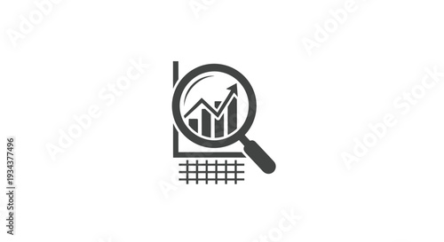 Magnifying glass over growing bar graph, business growth analysis icon