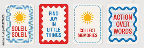 Inspirational quote cards with sun and colorful designs on white background